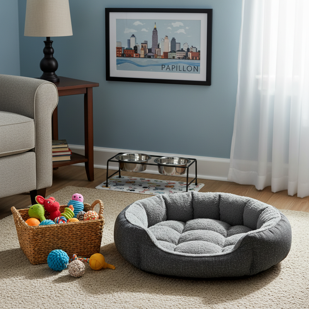 A cozy living room corner prepared for drop-in pet care, featuring a plush round dog bed with a textured gray fabric, a neatly arranged basket overflowing with colorful squeaky toys and rope chews, and stainless steel food and water bowls on a small mat decorated with cartoon bones. A framed print of Papillion’s skyline hangs on a soft blue wall in the background. Diffused morning light filters through sheer curtains, giving everything a gentle glow and casting subtle shadows. Photographic realism, composed with the dog bed in the foreground and the bowls in the midground, creates a calm, welcoming, and homey atmosphere that feels safe and supervised for pets.