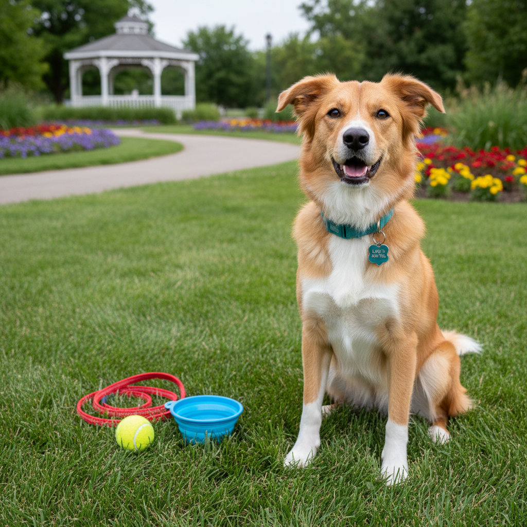A happy mixed-breed dog with expressive eyes and a glossy coat sitting attentively on a lush green Papillion park lawn, wearing a bright collar with a heart-shaped tag labeled “Lexi’s Pet Pals.” Next to the dog lies a neatly coiled leash, a tennis ball, and a collapsible water bowl half-filled. In the softly blurred background, a walking trail curves past flower beds and a small decorative gazebo. Soft overcast daylight creates even lighting with gentle shadows, ideal for photographic realism. Captured from a slightly low angle using the rule of thirds, the image feels playful, dependable, and ready for an outdoor adventure in local neighborhoods.