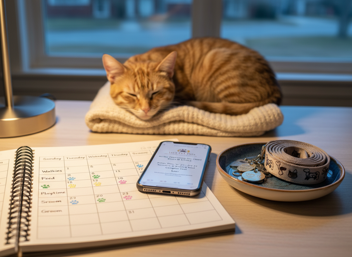 A tidy scheduling setup for pet care displayed on a simple wooden desk: an open spiral notebook with a hand-drawn weekly pet care calendar, color-coded with tiny paw icons, next to a smartphone screen showing a mock “Lexi’s Pet Pals – Papillion Pet Care” booking confirmation. Beside them, a small ceramic dish holds engraved metal pet tags and a rolled-up patterned leash. A sleepy tabby cat curls in a soft blanket at the back edge of the desk, slightly out of focus. Warm desk lamp light combines with soft ambient evening light from a nearby window, creating a cozy, organized, and trustworthy mood. Photographic realism with a shallow depth of field emphasizes reliability and easy scheduling.