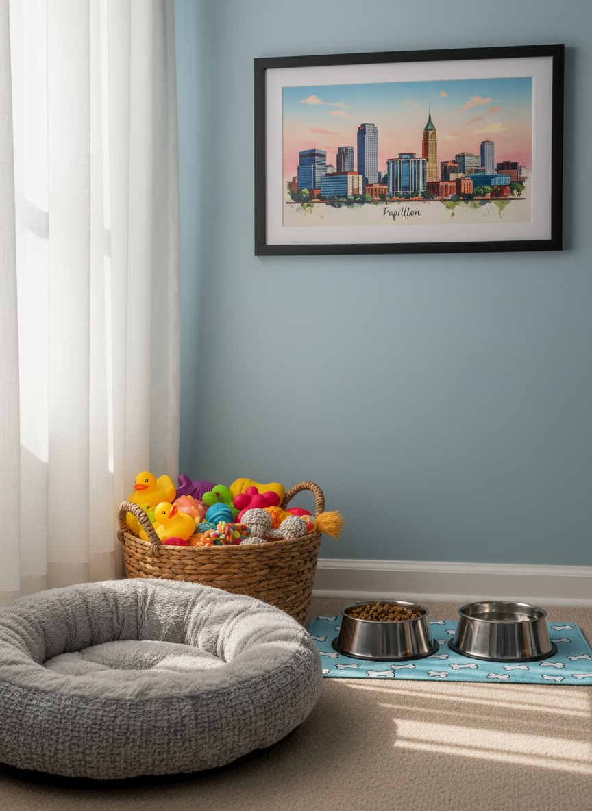 A cozy living room corner prepared for drop-in pet care, featuring a plush round dog bed with a textured gray fabric, a neatly arranged basket overflowing with colorful squeaky toys and rope chews, and stainless steel food and water bowls on a small mat decorated with cartoon bones. A framed print of Papillion’s skyline hangs on a soft blue wall in the background. Diffused morning light filters through sheer curtains, giving everything a gentle glow and casting subtle shadows. Photographic realism, composed with the dog bed in the foreground and the bowls in the midground, creates a calm, welcoming, and homey atmosphere that feels safe and supervised for pets.