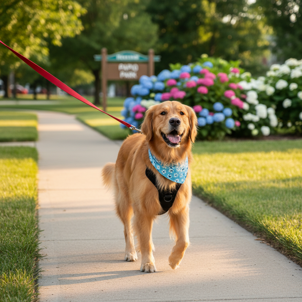 A cheerful golden retriever with a soft, well-groomed coat and bright bandana printed with tiny paw prints, trotting confidently along a clean suburban sidewalk in Papillion. A sturdy nylon leash is clearly visible, attached to a secure harness. Neatly trimmed lawns, flowering bushes, and a distant park sign create a friendly neighborhood backdrop, softly blurred. Late afternoon golden-hour sunlight bathes the scene, casting warm highlights on the dog’s fur and gentle shadows on the pavement. Photographic realism, shot at eye level with a shallow depth of field and vibrant colors, conveys a playful, trustworthy atmosphere perfect for a friendly pet care business homepage hero image.
