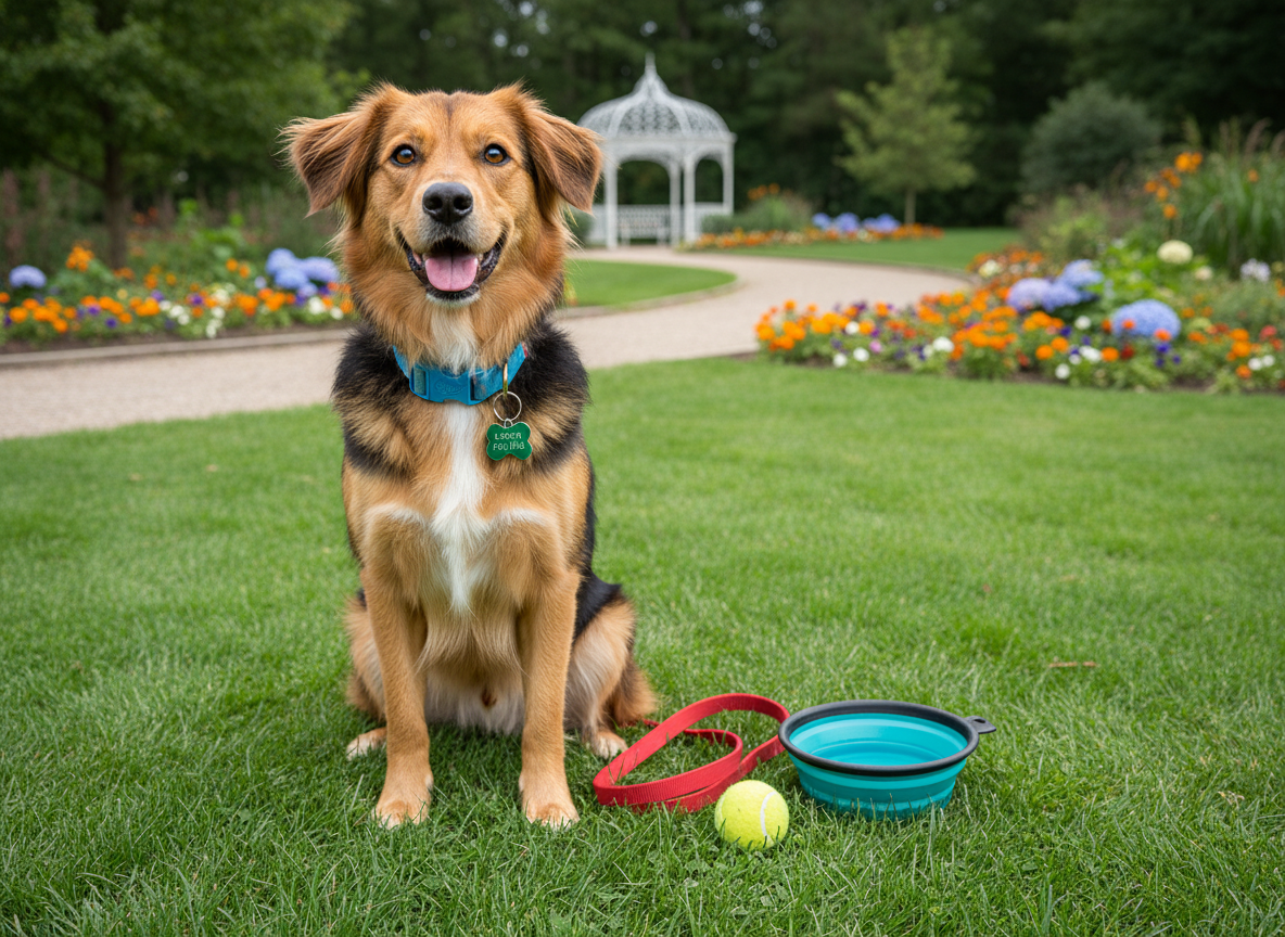 A happy mixed-breed dog with expressive eyes and a glossy coat sitting attentively on a lush green Papillion park lawn, wearing a bright collar with a heart-shaped tag labeled “Lexi’s Pet Pals.” Next to the dog lies a neatly coiled leash, a tennis ball, and a collapsible water bowl half-filled. In the softly blurred background, a walking trail curves past flower beds and a small decorative gazebo. Soft overcast daylight creates even lighting with gentle shadows, ideal for photographic realism. Captured from a slightly low angle using the rule of thirds, the image feels playful, dependable, and ready for an outdoor adventure in local neighborhoods.