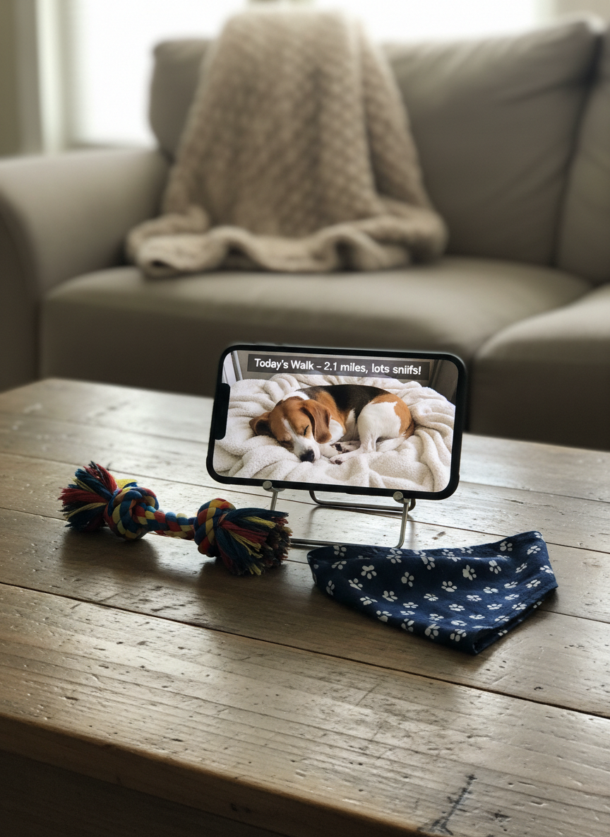 A tidy pet photo update setup indoors, showing a smartphone resting against a small stand on a rustic wooden coffee table, its screen displaying a crisp photo of a sleeping beagle curled on a fluffy blanket labeled “Today’s Walk – 2.1 miles, lots of sniffs!” Nearby, a colorful braided rope toy and a folded bandana with tiny paw prints sit neatly arranged. The background reveals a soft-focus couch draped with a cozy throw and a window letting in warm late-morning sunlight, creating delicate highlights on the phone’s glass and subtle reflections on the table. Photographic realism with a close-up, slightly elevated composition conveys the playful, reassuring feeling of regular pet photo updates for owners.