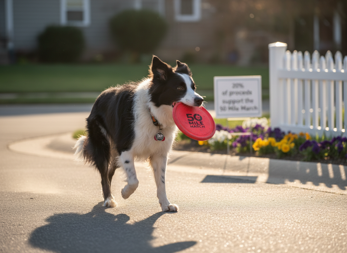 A joyful black-and-white border collie mid-trot on a clean suburban cul-de-sac, its fur slightly ruffled by a gentle breeze, carrying a bright red frisbee in its mouth. A reflective collar with a tiny charm shaped like the 50 Mile March logo hangs around its neck. In the background, slightly blurred, a small yard sign reads “20% of proceeds support the 50 Mile March,” placed beside tidy flower beds and a white picket fence. Late afternoon sunlight creates a warm, golden glow and long playful shadows on the pavement. Photographic realism, captured from a dynamic, slightly low side angle, emphasizes energy, community support, and compassionate pet care.